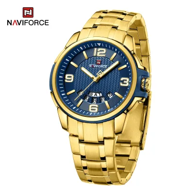 NAVIFORCE 9215 Men Wristwatch Top Brand Luxury Waterproof Watch Original Stainless Steel Sport Military Quartz Male Clock - Golden Blue